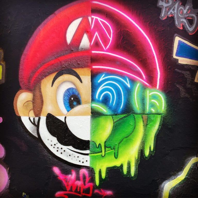4 Style Mario street art, mural, graffiti, comic art, video games, supermario, gaming art, character, urban art, painted wall