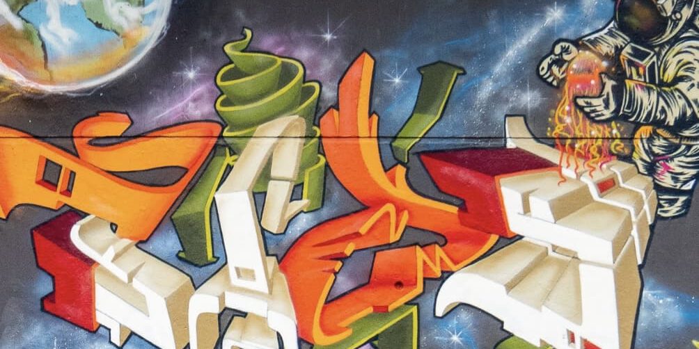 street art, mural, graffiti, character, urban art, painted wall, astronaut, cosmonaut, earth, background, space
