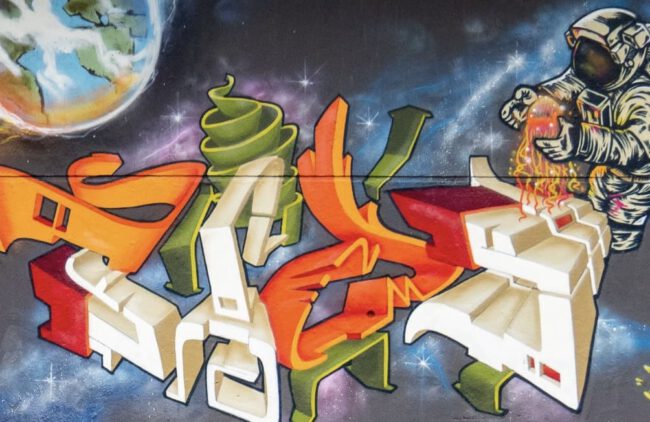 street art, mural, graffiti, character, urban art, painted wall, astronaut, cosmonaut, earth, background, space